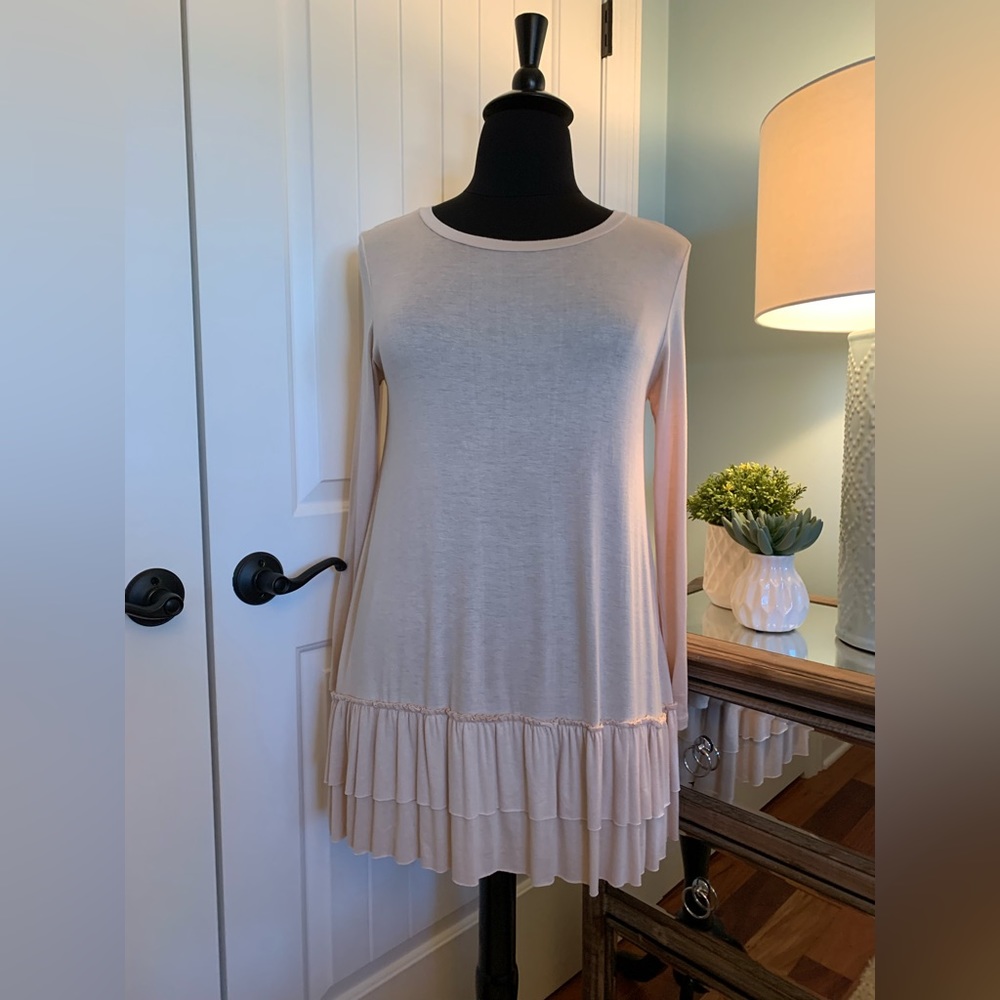 Casa Lee, Womens Stretch Knit Pullover Tunic/Dress, Ruffled Hem, LS, Blush, XL